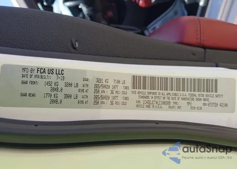 2020 Dodge Durango R/T Awd z USA, uszkodzony, nr VIN 1C4SDJCT4LC100209